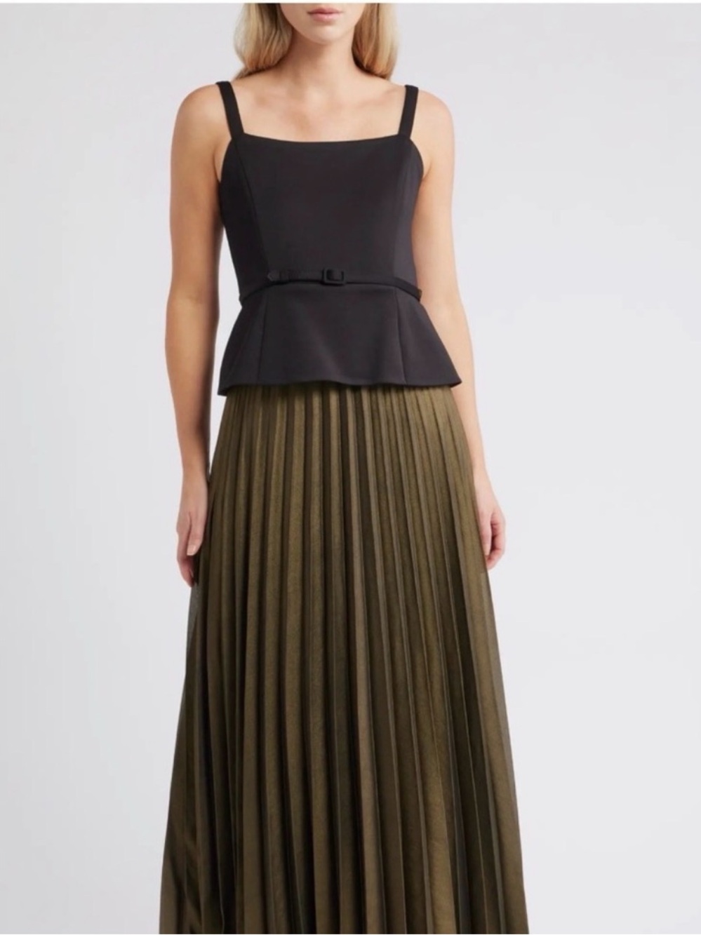 Black Square-Neck Peplum Tank with Gold Pleated Skirt